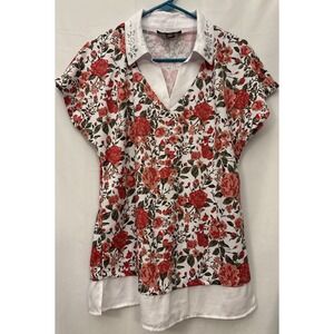 Madison Paris NY Women's Red Floral Blouse Embellished V-Neck  Layered Hem L